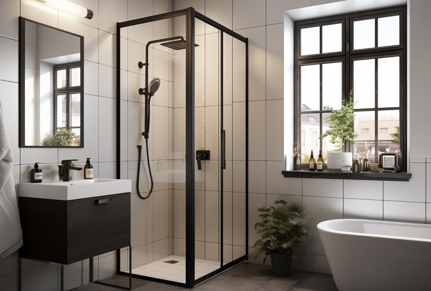 Modern bathroom design with glass shower, black fixtures, and sleek tiles by a trusted bathroom remodeling contractor in NJ