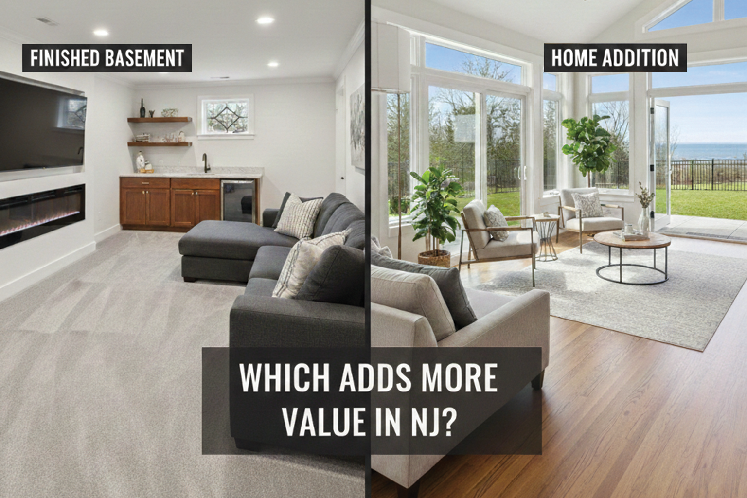A simple visual guide comparing finished basements and home additions as popular remodeling options in NJ.