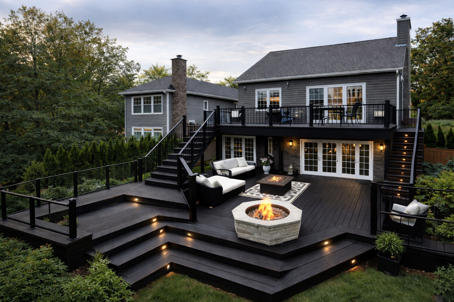 Large modern multi-level deck built for a sloped backyard with stairs, outdoor seating area, railings, and central fire pit