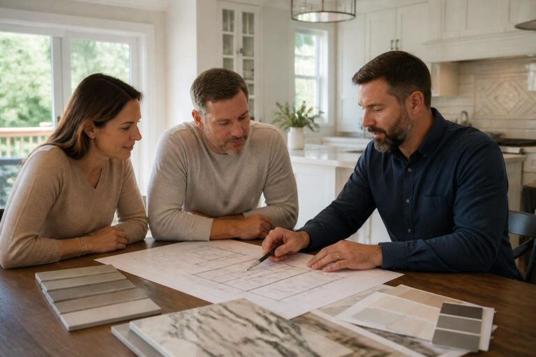 Homeowners and a remodeling contractor reviewing plans and material samples at a kitchen table