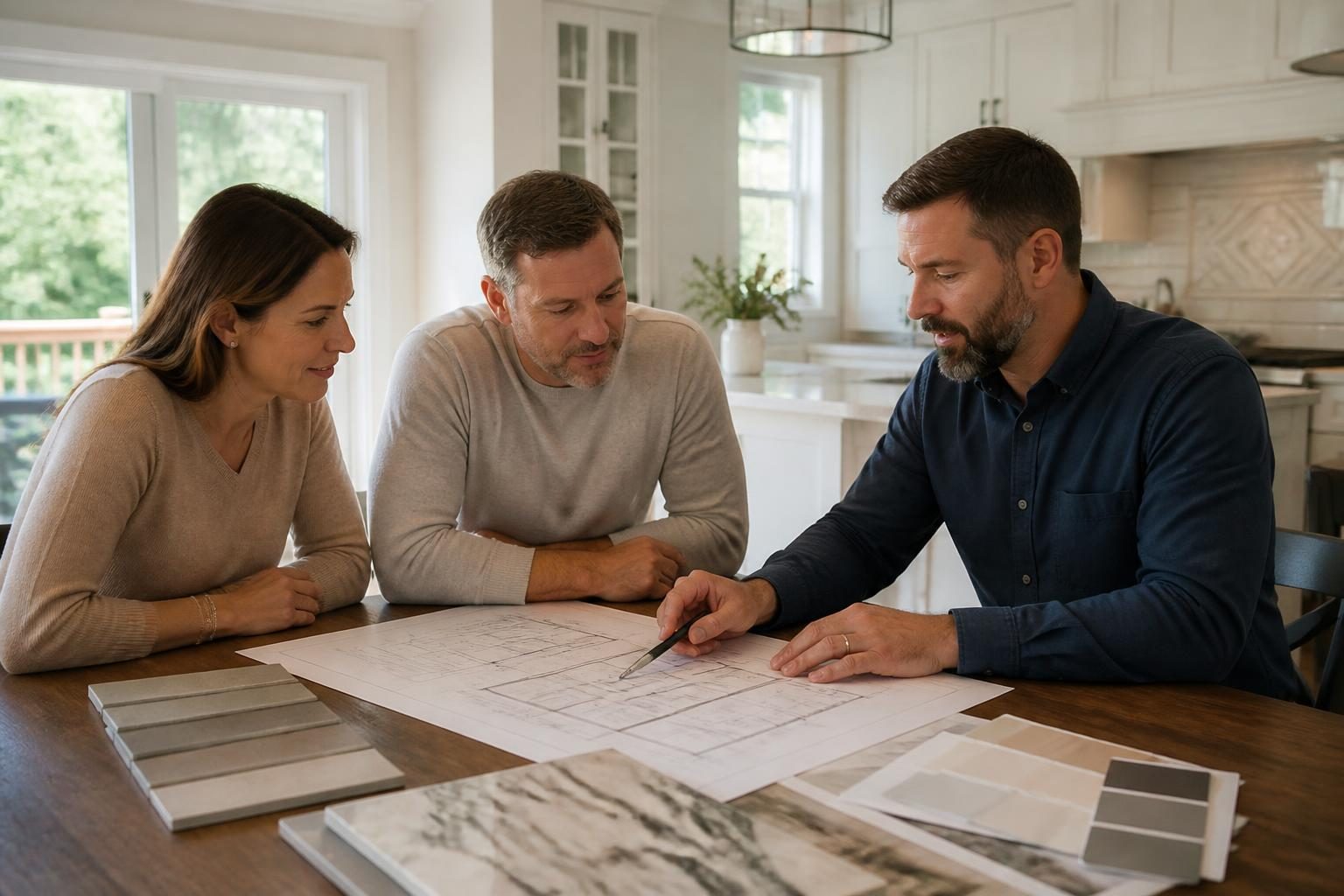 Homeowners and a remodeling contractor reviewing plans and material samples at a kitchen table