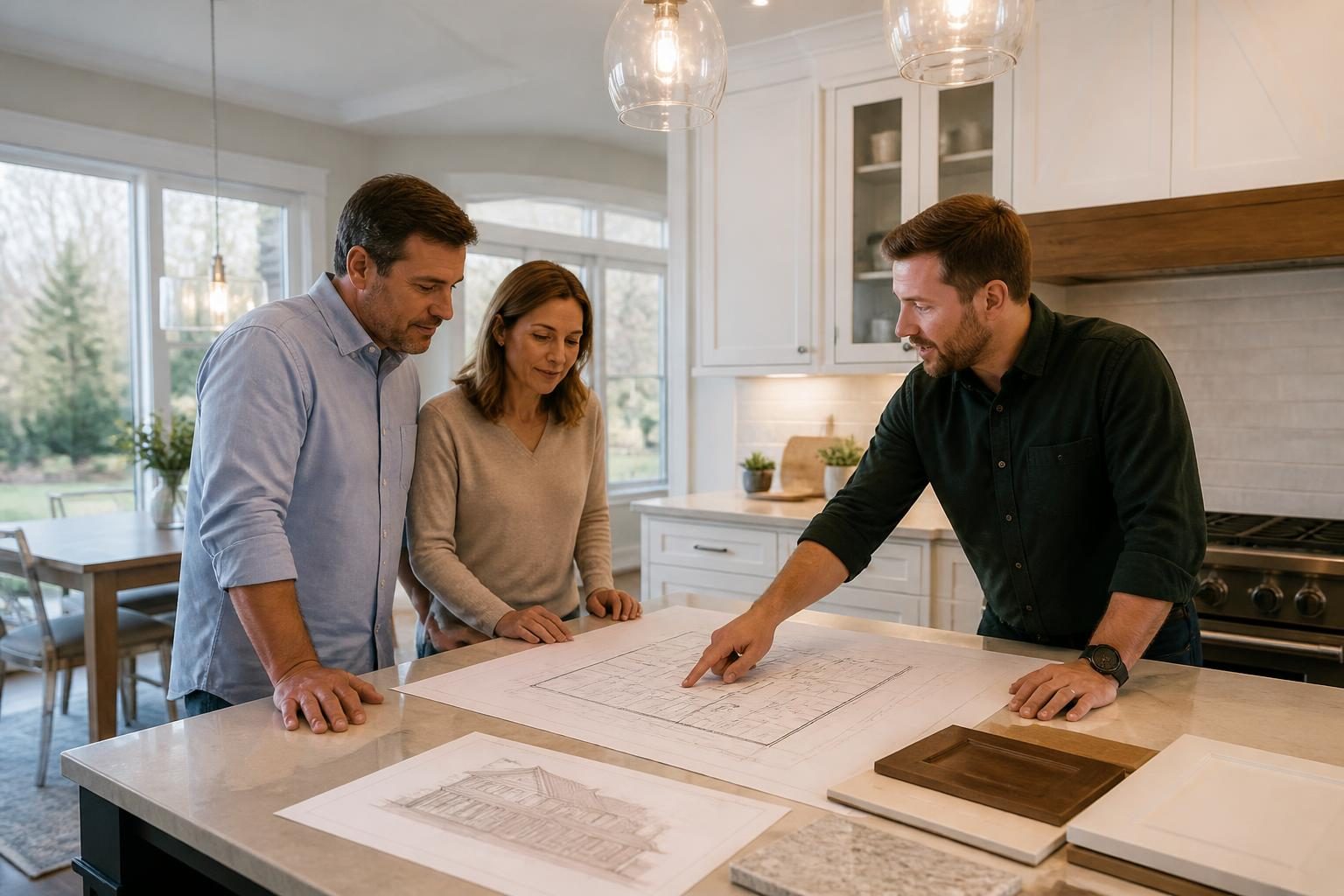 Homeowner and remodeling contractor reviewing renovation plans in a New Jersey kitchen