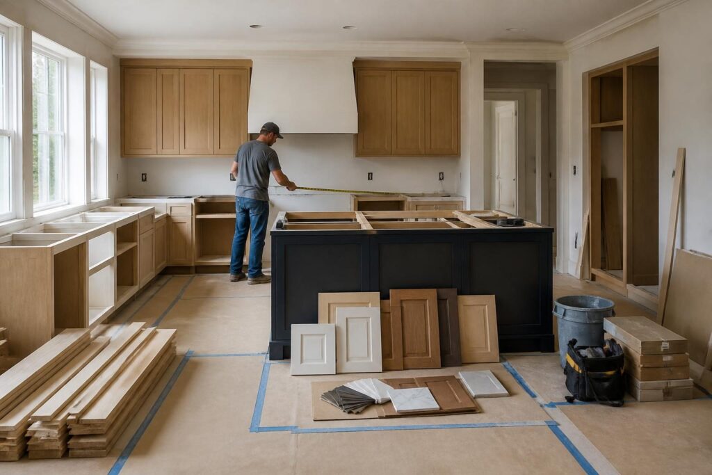 Organized kitchen remodeling worksite with materials and protected flooring