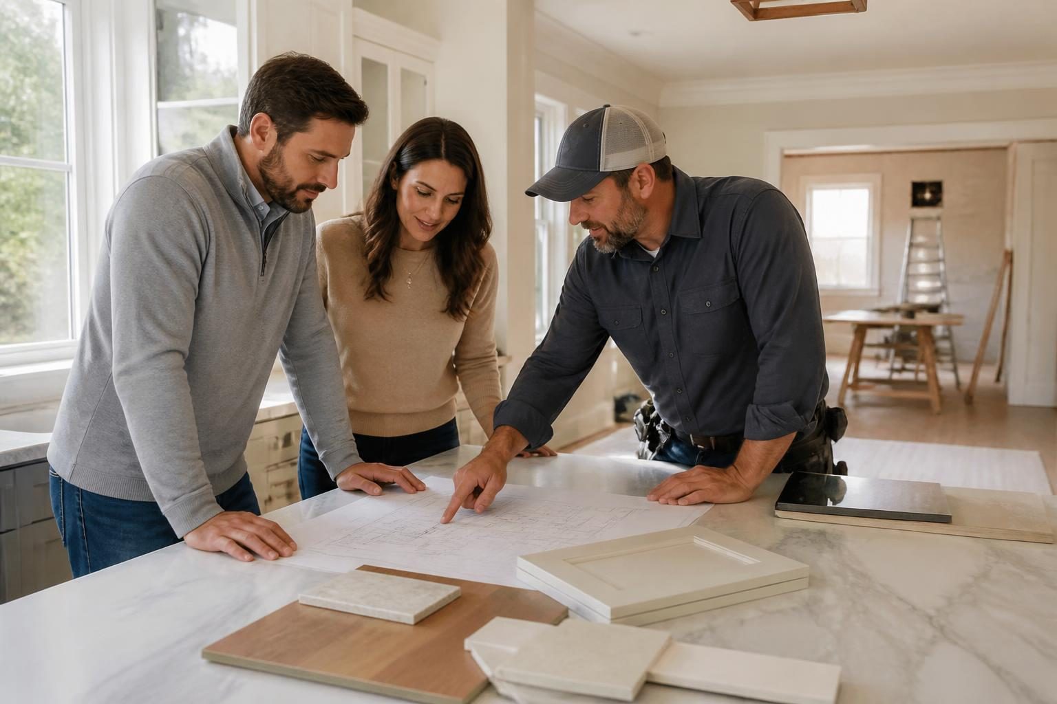 Homeowners reviewing whole-home remodeling plans and finish samples with a contractor