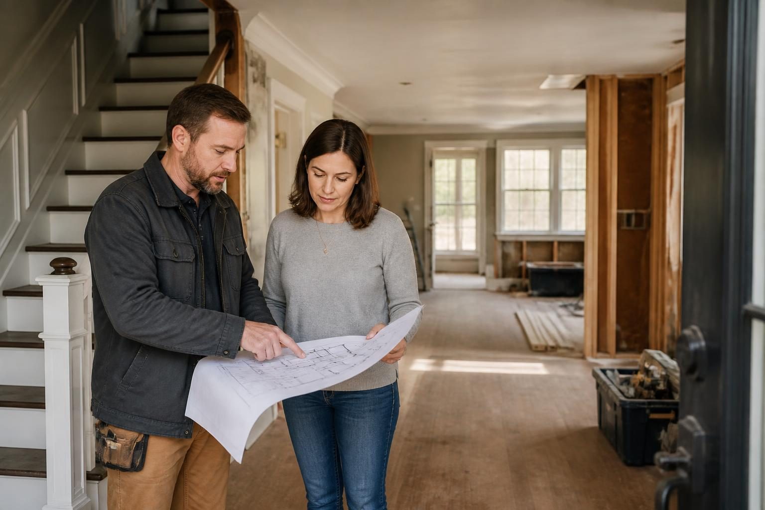 Homeowner and contractor reviewing a remodeling plan at a New Jersey home