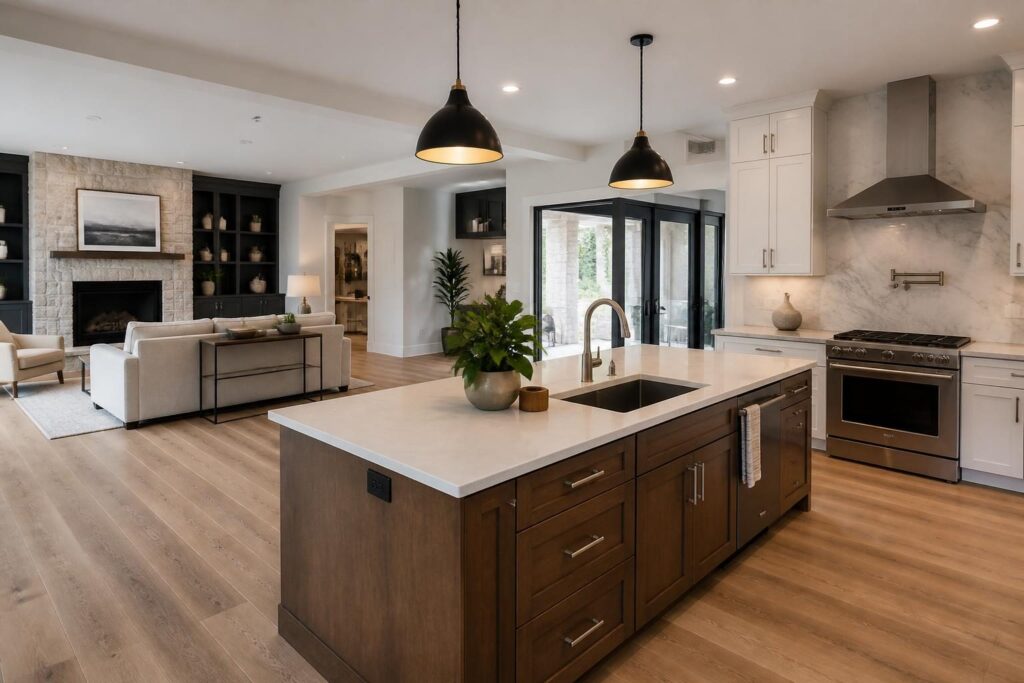 A practical remodeled kitchen and living area with durable finishes