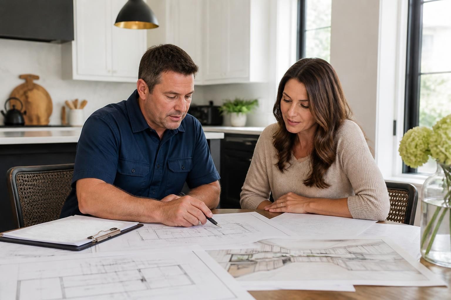 Homeowner and contractor reviewing renovation plans in a New Jersey home