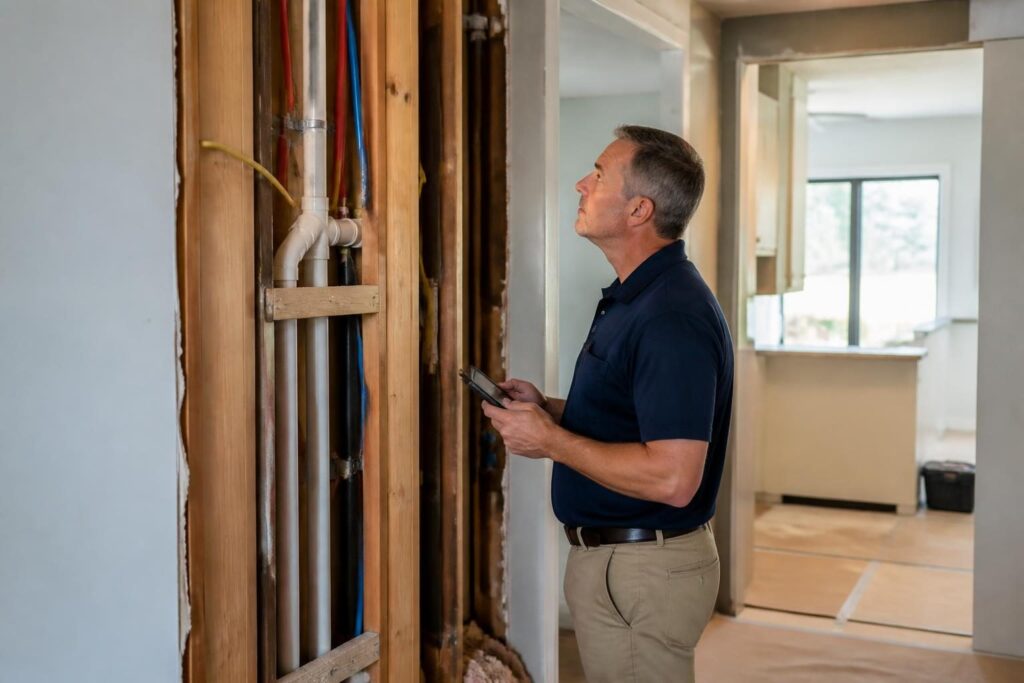 Contractor inspecting framing and utility work during a home renovation